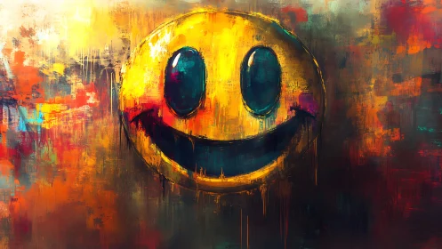 Smiling neon face glowing through wild abstract colors.