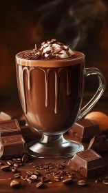 Steam-kissed cocoa river overflows in glassy midnight chalice