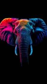 Neon-lit elephant portrait glows against deep black void