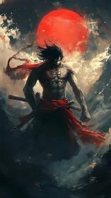 Blood-red moon crowns the storm-forged ronin in shadowed skies