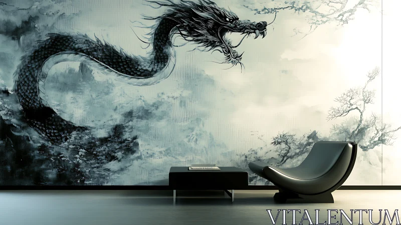 Monochrome serpentine dragon mural in minimalist lounge interior.