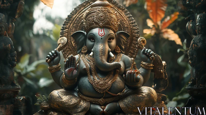 Peaceful Ganesha statue glowing with golden jungle light.