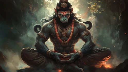 Divine monkey warrior in emberlit meditation storm of power.