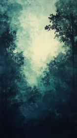 Misty forest canopy view looking upward through layered vegetation