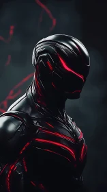 Cybernetic armored warrior with red neon highlights in shadow.