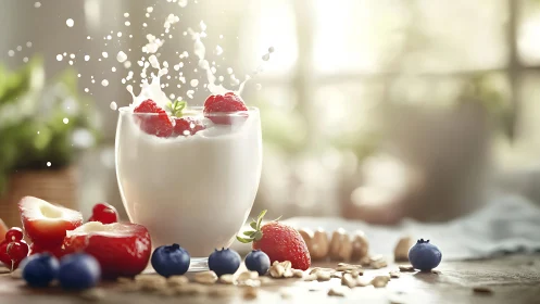 Creamy yogurt and berries splashing in soft morning light.