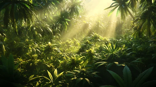 Sunlit Jungle Canopy With Dense Tropical Vegetation