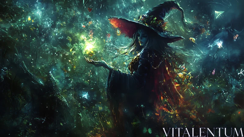 Enchanted forest witch conjures luminous emerald magic orb.