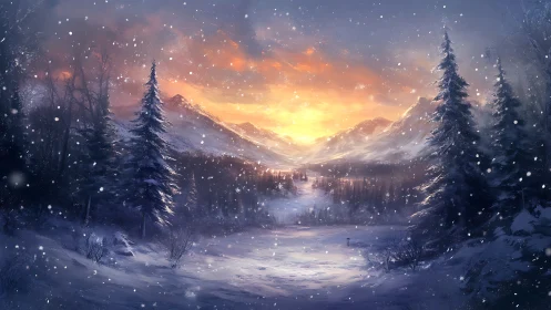 Snow-covered alpine valley under radiant orange winter sunset