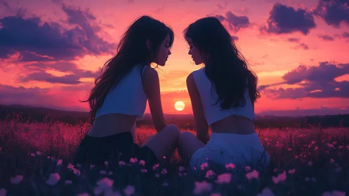Two young women share a quiet moment at glowing sunset