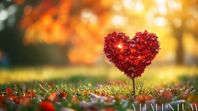 Red heart shaped topiary with autumn leaves, golden bokeh.