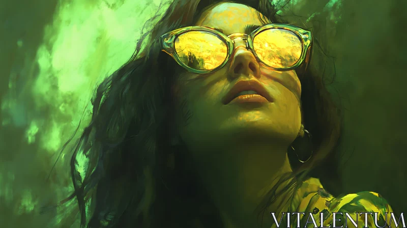 Sunlit reflections on dreamy green summer sunglasses portrait.
