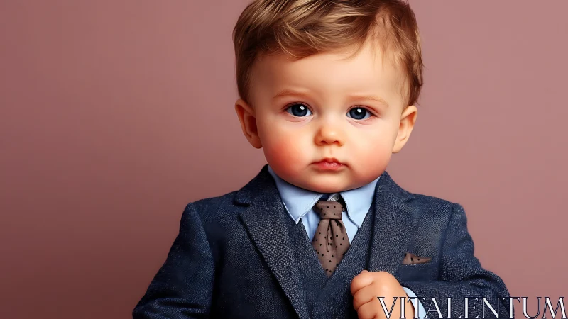 Digitally rendered toddler in formal business attire against neutral background.