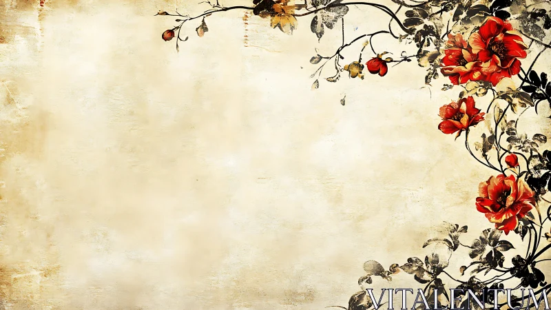 Vintage parchment with ornate red floral corner frame.