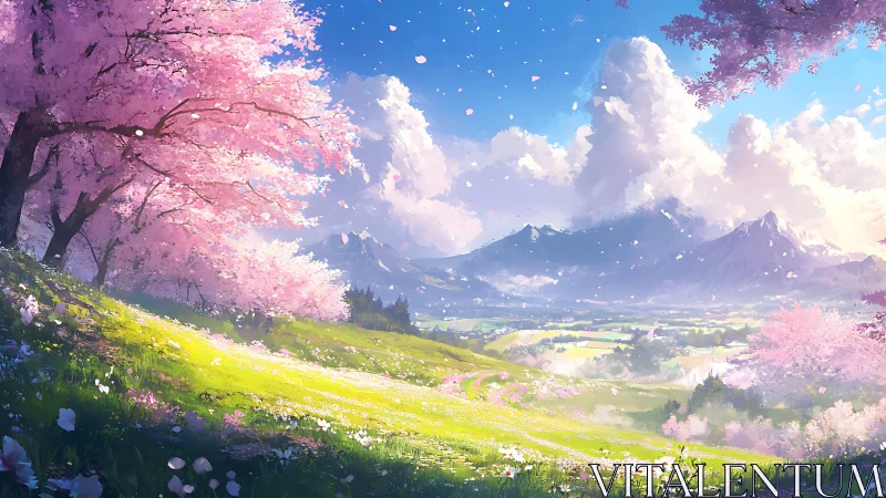 Digital landscape shows cherry trees, meadows, and mountains