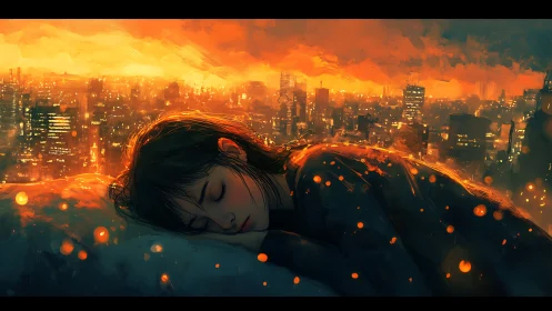 Sleeping girl glows softly above a burning orange cityscape