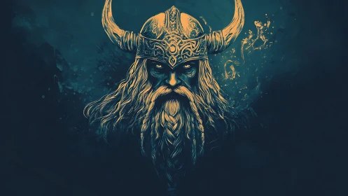 Viking warrior portrait with horned helmet in teal tones.