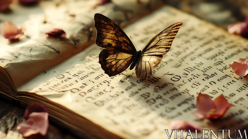 Butterfly on old handwritten book with scattered petals.