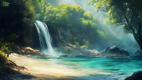 Hydrodynamic waterfall cove under volumetric forest lighting.