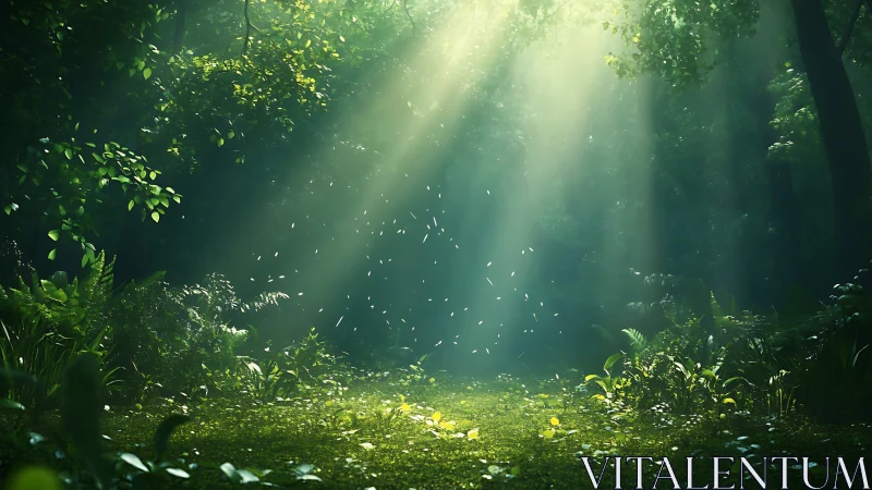 Forest Interior with Sunlight Beams and Floating Particles