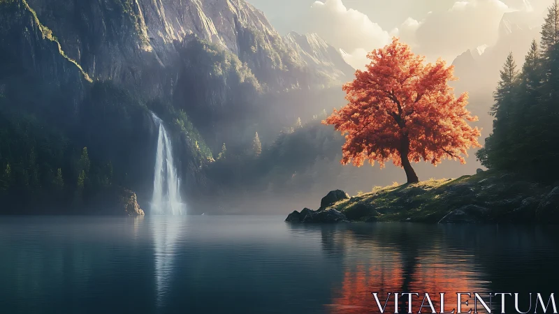 Red tree stands beside mountain lake under soft morning light