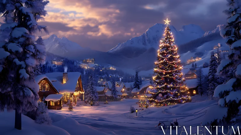 Snow covered village square with illuminated Christmas tree.