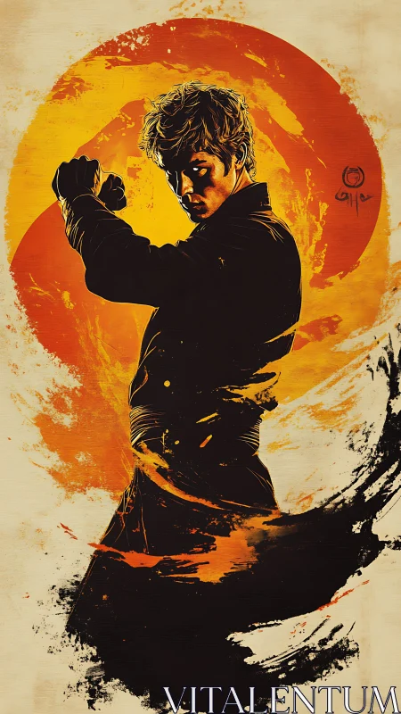 Martial artist silhouette against bold orange sun circle.