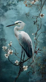 White heron rests among blossoms on teal textured sky.