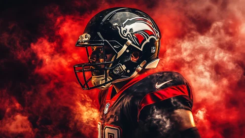 Football player stands in fiery smoke, radiating intense focus