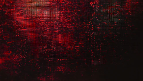 Glowing red digital grid shimmers with scattered light points