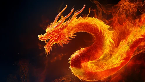 Fiery dragon coils through darkness in blazing motion