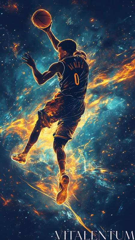 Solar-surge dunker streaking through a nebula of sparks.