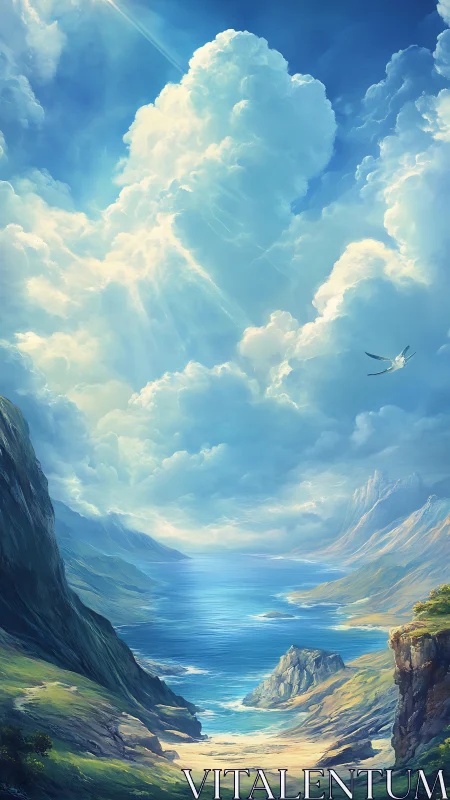 Luminous Alpine Valley: Digital Landscape with Cumulus Cloud Matrix.