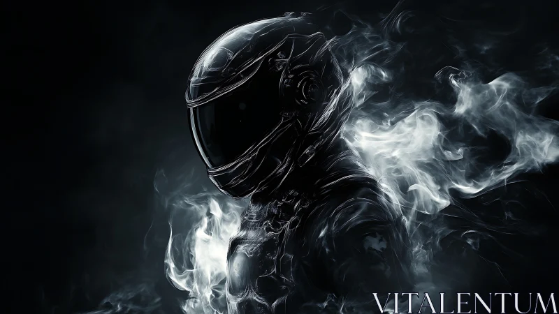 Solitary helmeted figure in smoke against dark void backdrop.