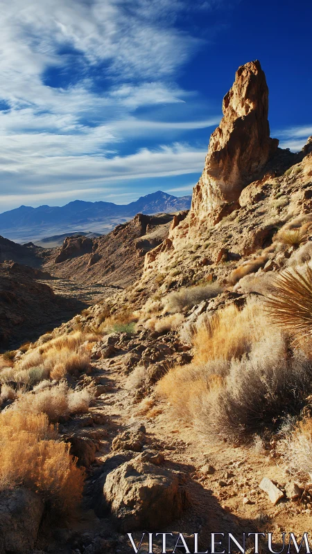 Desert ridge trail under towering sandstone spire at dusk