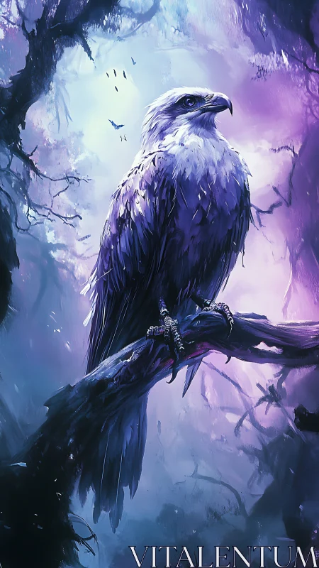 Eagle perched on branch in misty purple forest scene.