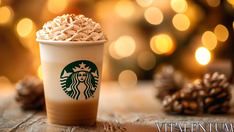 Starbucks holiday latte with whipped cream in warm lights.
