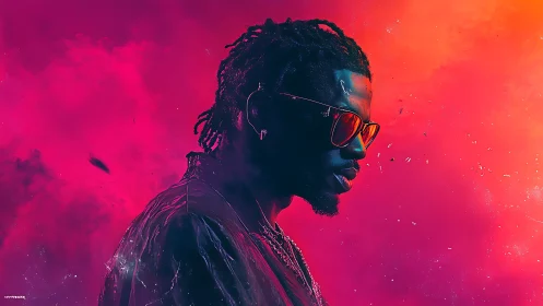 Side-profile portrait in vivid pink and orange haze background.