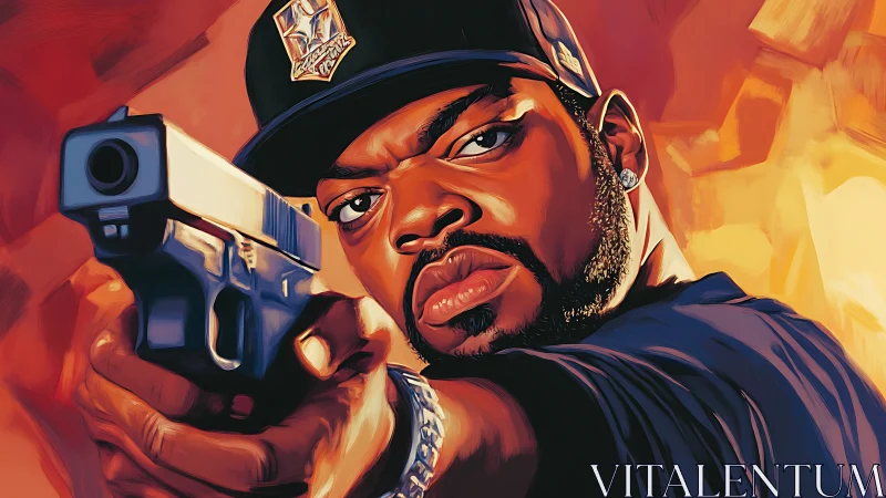 Digital portrait of armed man aiming handgun in warm light