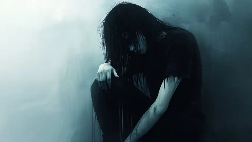 Desaturated digital portrait depicts slumped figure in atmospheric haze