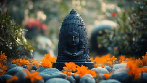 Stone deity statue among orange flowers and smooth pebbles.