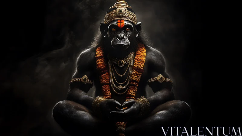 Digitally rendered simian figure in ornate seated pose