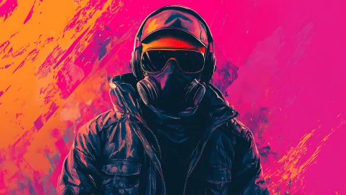 Hooded figure in gas mask against neon magenta orange abstract field
