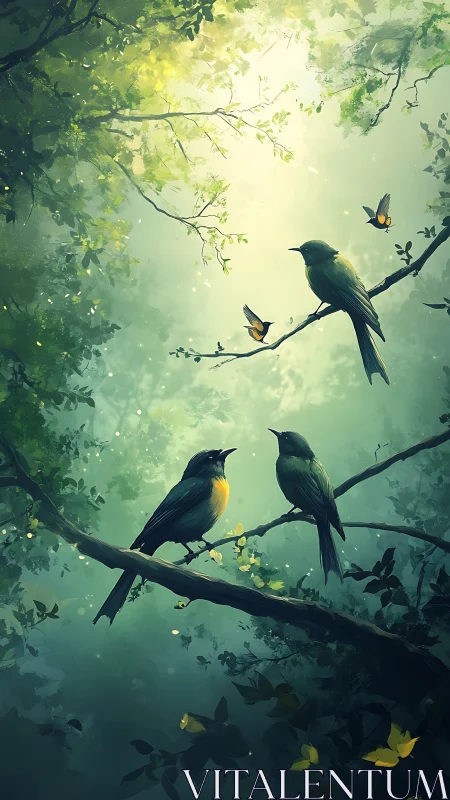 Songbirds rest in a glowing forest canopy of misty light
