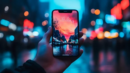 Hand holds smartphone showing sharp sunset street scene