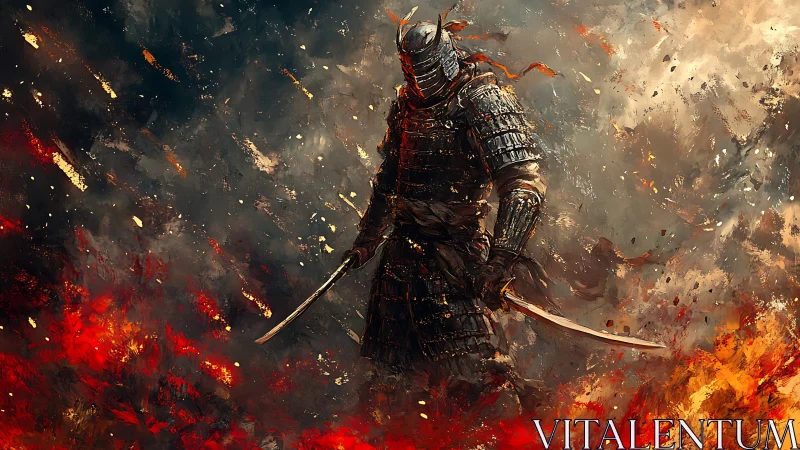 Blade-wreathed samurai strides through storm of crimson fire.