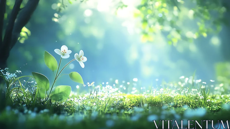 White wildflowers in soft forest light on mossy ground.