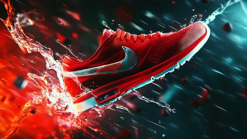 Dynamic 3D sports sneaker suspended in liquid motion field.