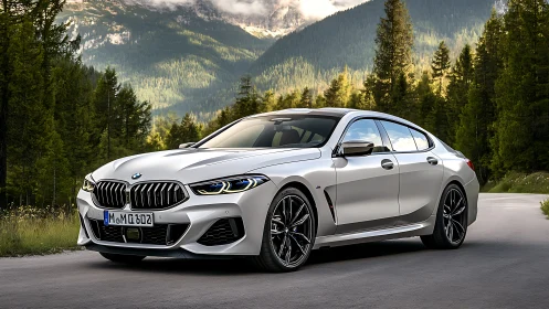 Silver BMW sedan stands on a winding forest mountain road