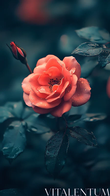 Radiant Coral Rose Blooming With Morning Dew Drops